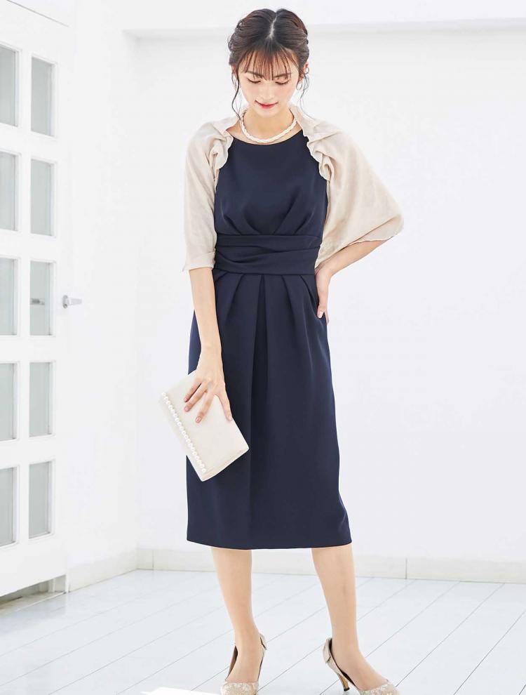 【M】丈長め上品コクーンレースアップドレス（ネイビー）DPSET0338