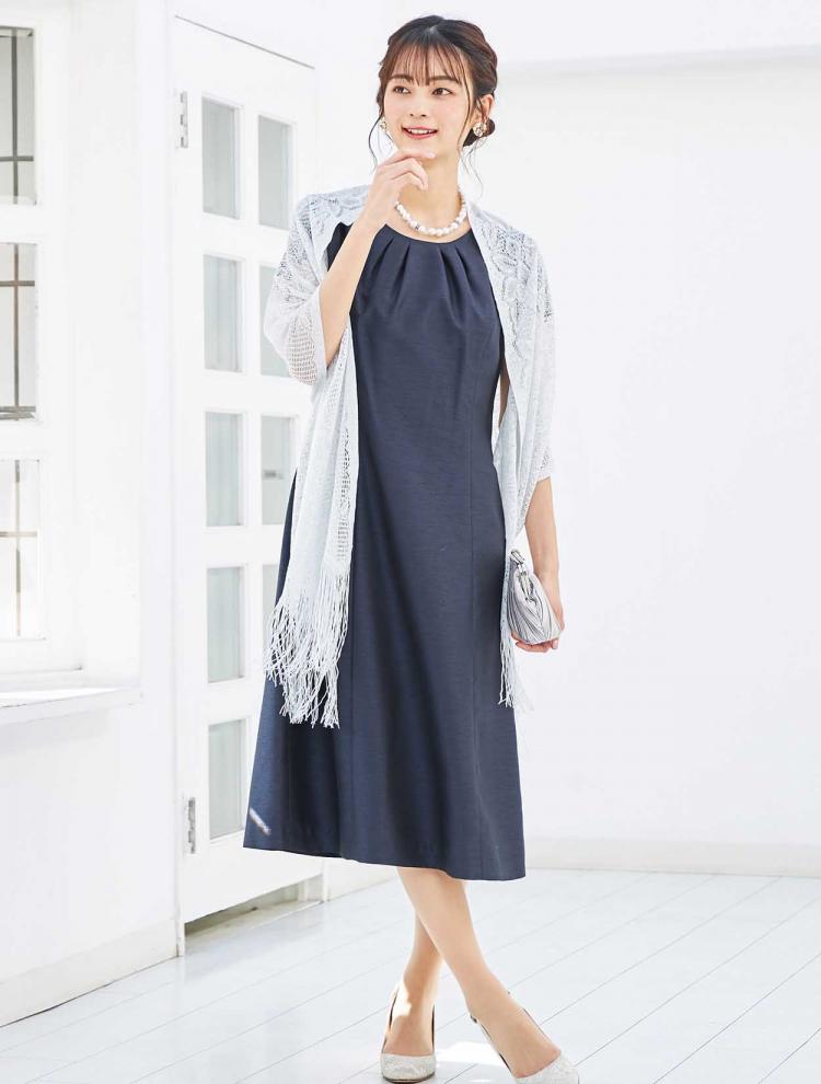 【M】ミディ丈シャンタンドレス（ネイビー）DPSET0339