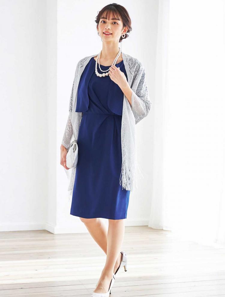 【M】ケープ風タイトドレス（ブルー）DPSET0345