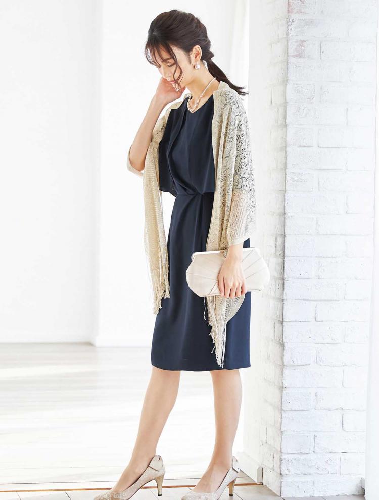 【M】ケープ風タイトドレス（ネイビー）DPSET0348