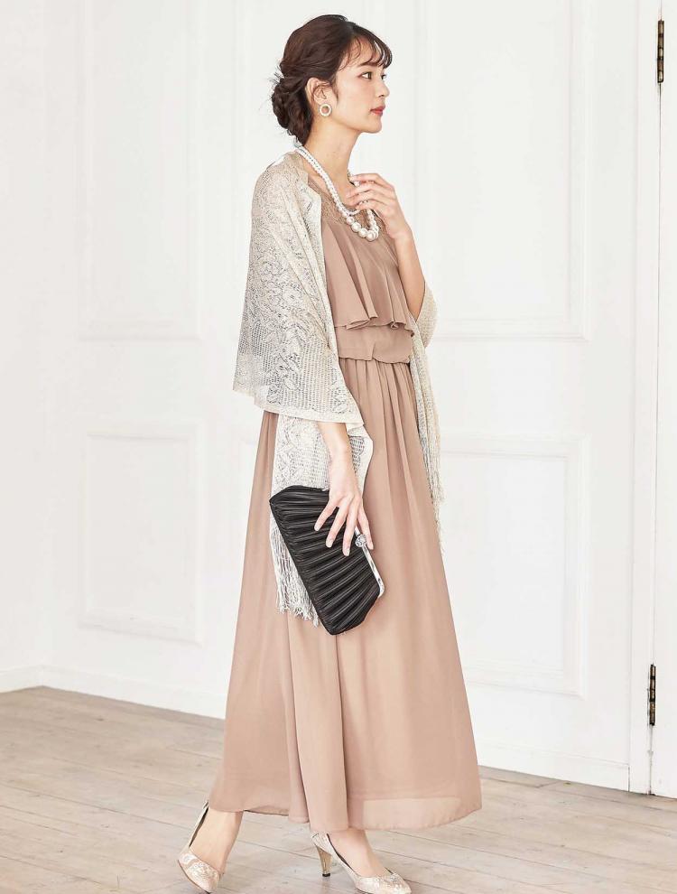 【M/L】袖レース七分袖ロングドレス（ブラウン）DPSET0350