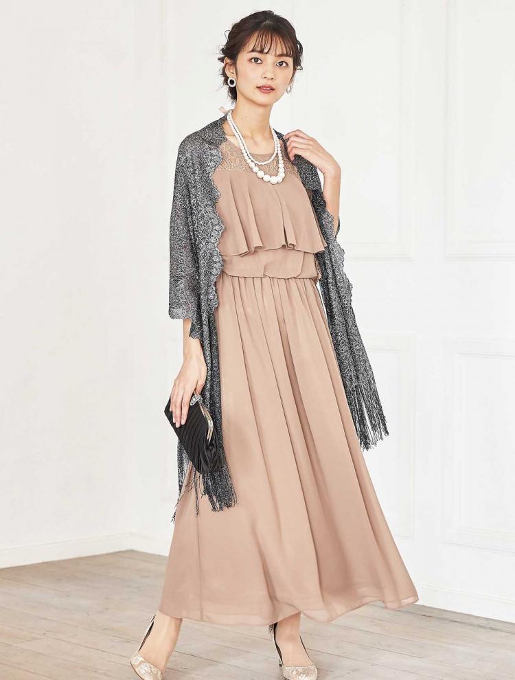 【M/L】袖レース七分袖ロングドレス（ブラウン）DPSET0351