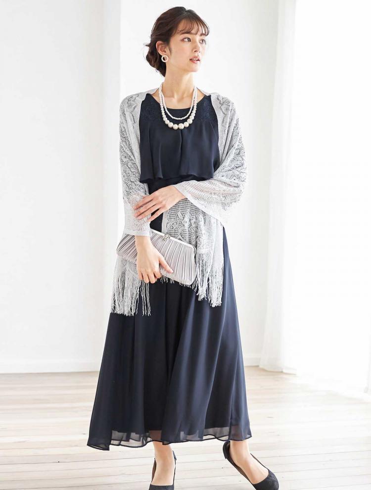 【M/L】袖レース七分袖ロングドレス（ネイビー）DPSET0353
