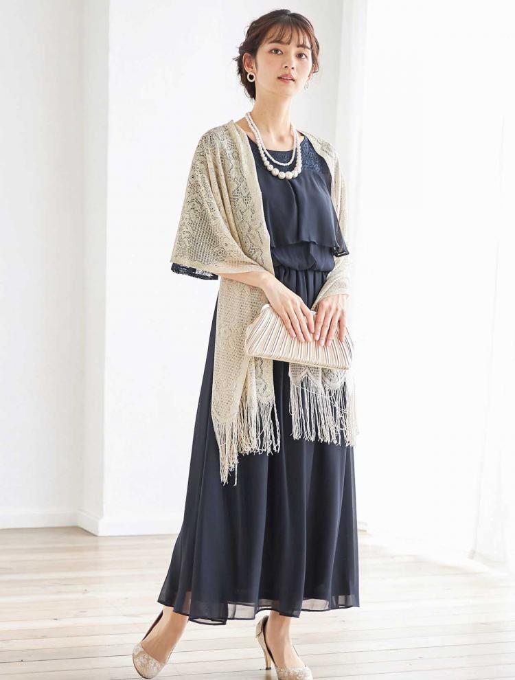 【M/L】袖レース七分袖ロングドレス（ネイビー）DPSET0354