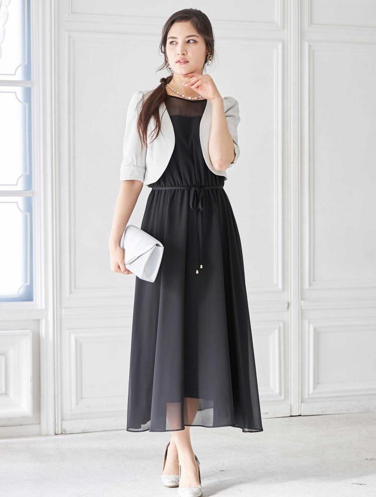 【M】オーガンジー胸元透かしミディ丈ドレス（ブラック）DPSET0357