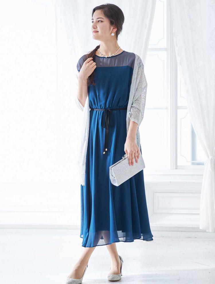【M】オーガンジー胸元透かしミディ丈ドレス（ブルー）DPSET0359