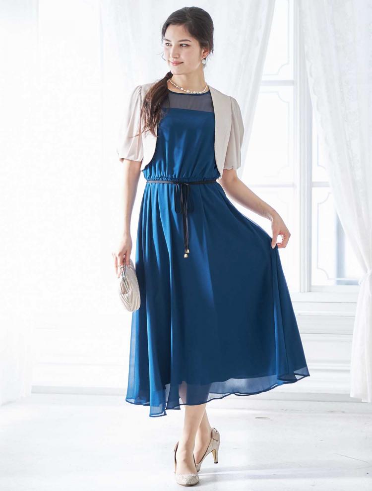 【M】オーガンジー胸元透かしミディ丈ドレス（ブルー）DPSET0360