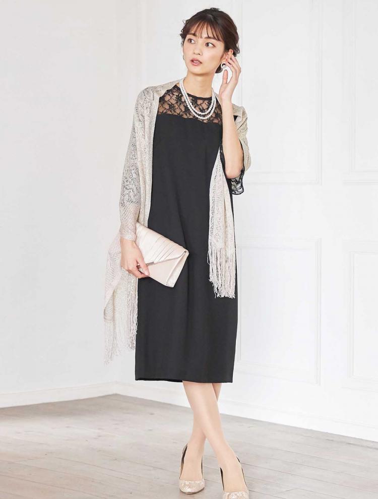 【M】レース切替フレアスリーブドレス（ブラック）DPSET0363