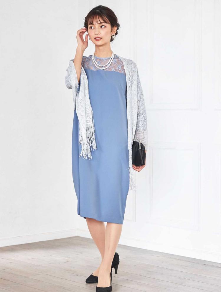 【M】レース切替フレアスリーブドレス（サックス）DPSET0365