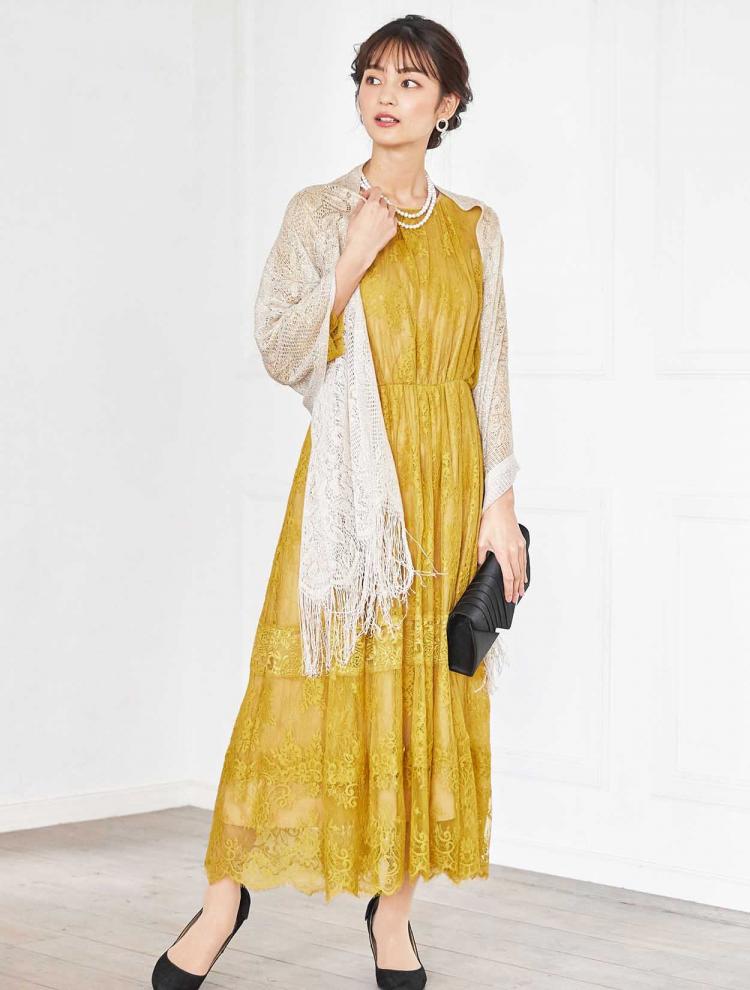 【M】総レース７分袖ミディ丈ウエストゴムドレス（イエロー）DPSET0367