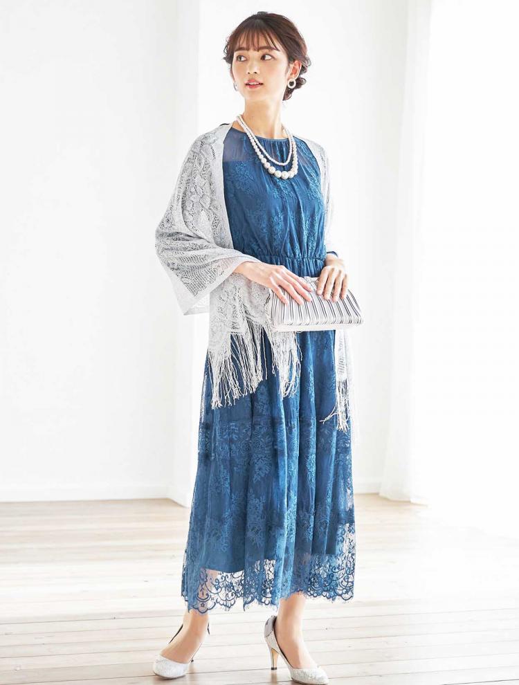 【M】総レース７分袖ミディ丈ウエストゴムドレス（ブルー）DPSET0369