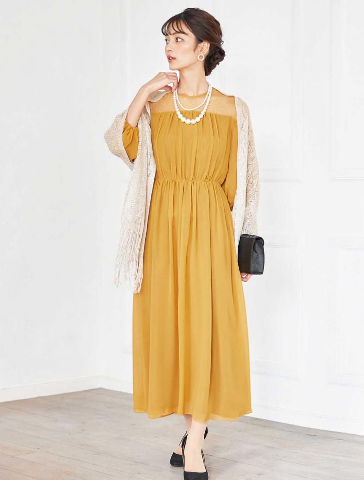 【M】チュールベア切替袖付きドレス（イエロー）DPSET0378