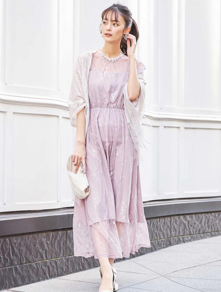 【M】総レース5分袖ロングドレス（ピンク）DPSET0383