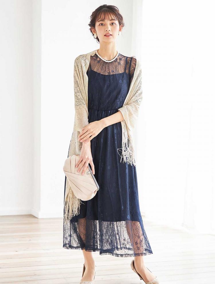 【M】総レース5分袖ロングドレス（ネイビー）DPSET0386