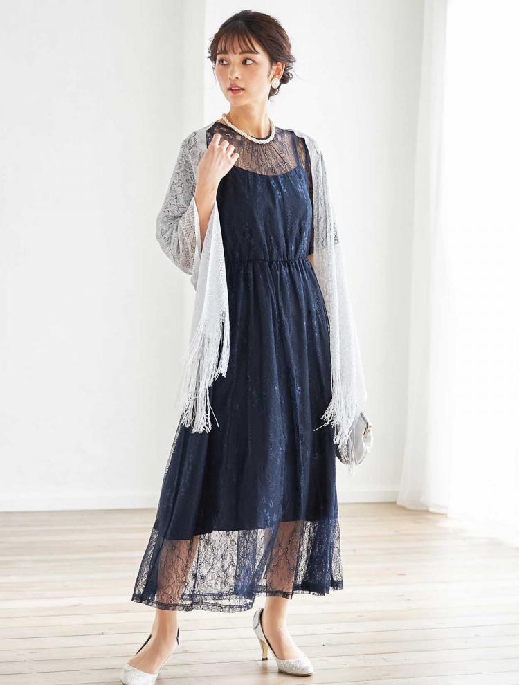 【M】総レース5分袖ロングドレス（ネイビー）DPSET0387