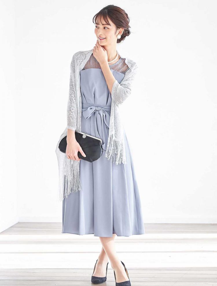【M】レース切替7分袖ミモレ丈ドレス（Lグレー）DPSET0389