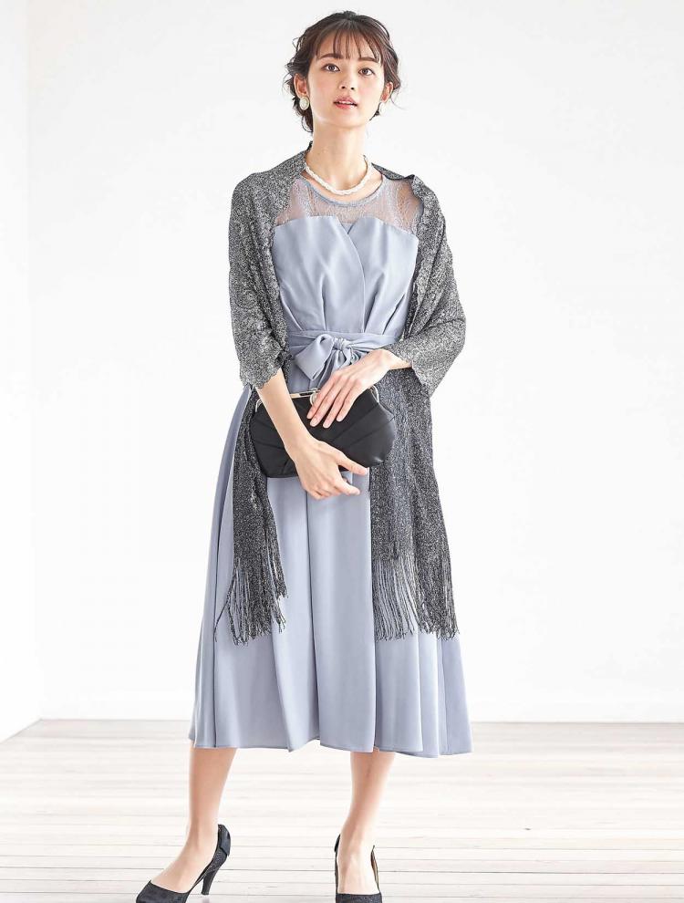 【M】レース切替7分袖ミモレ丈ドレス（Lグレー）DPSET0390