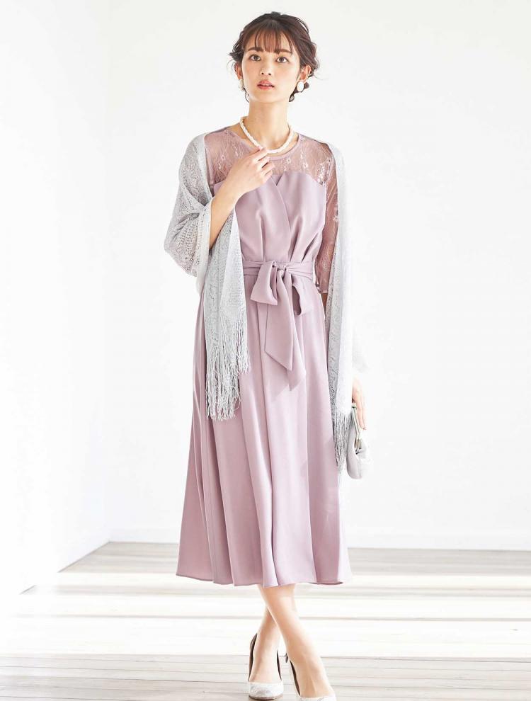 【M】レース切替7分袖ミモレ丈ドレス（ピンク）DPSET0393