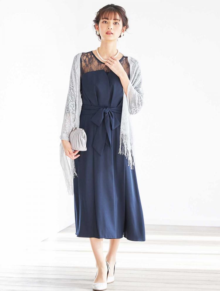【M】レース切替7分袖ミモレ丈ドレス（ネイビー）DPSET0395