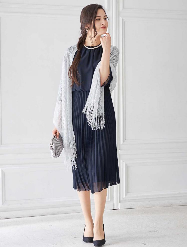 【M】スタンドネックプリーツミモレ丈ドレス（ネイビー）DPSET0400