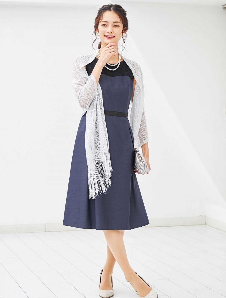 【LL】レース×シャンタンドレス（ネイビー）DPSET0407L
