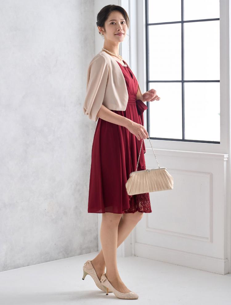 【M】授乳対応可・ビジュー付きラッフルドレス（レッド）DPSET0413