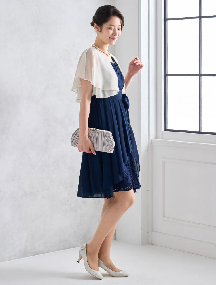 【M】授乳対応可・ビジュー付きラッフルドレス（ネイビー）DPSET0418