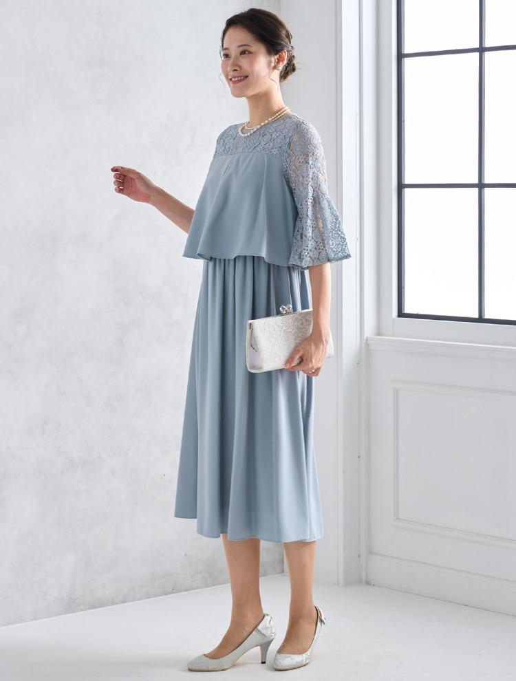 【M/L】ベアレース切替タックBLドレス（ブルー）DPSET0437