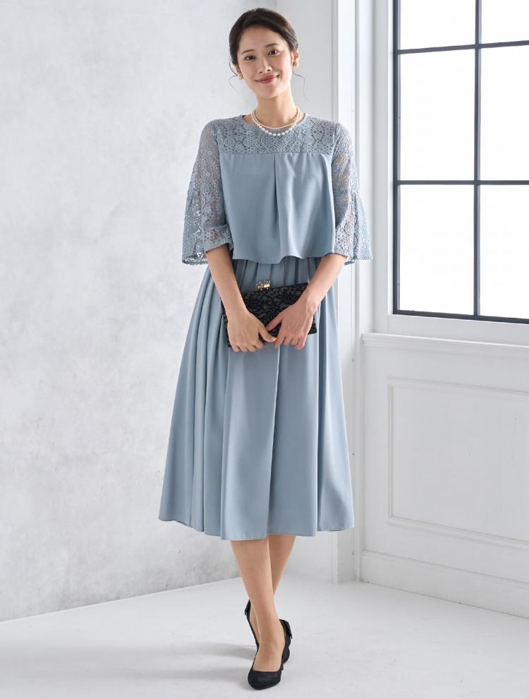 【M/L】ベアレース切替タックBLドレス（ブルー）DPSET0438