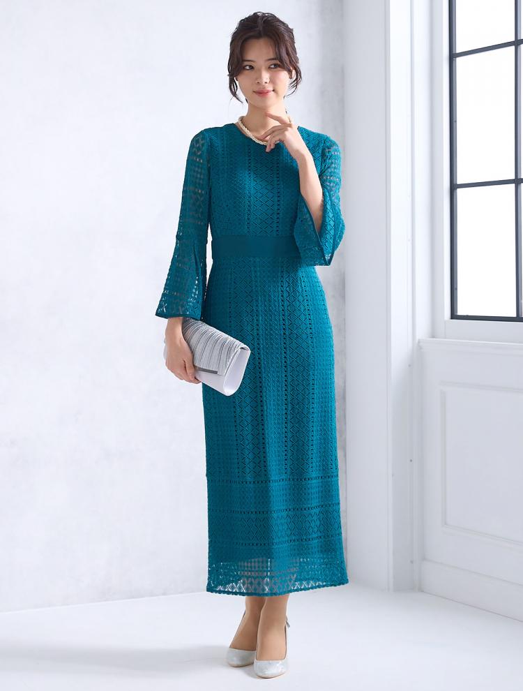 【M/L】レース７分袖タイトドレス（グリーン）DPSET0442