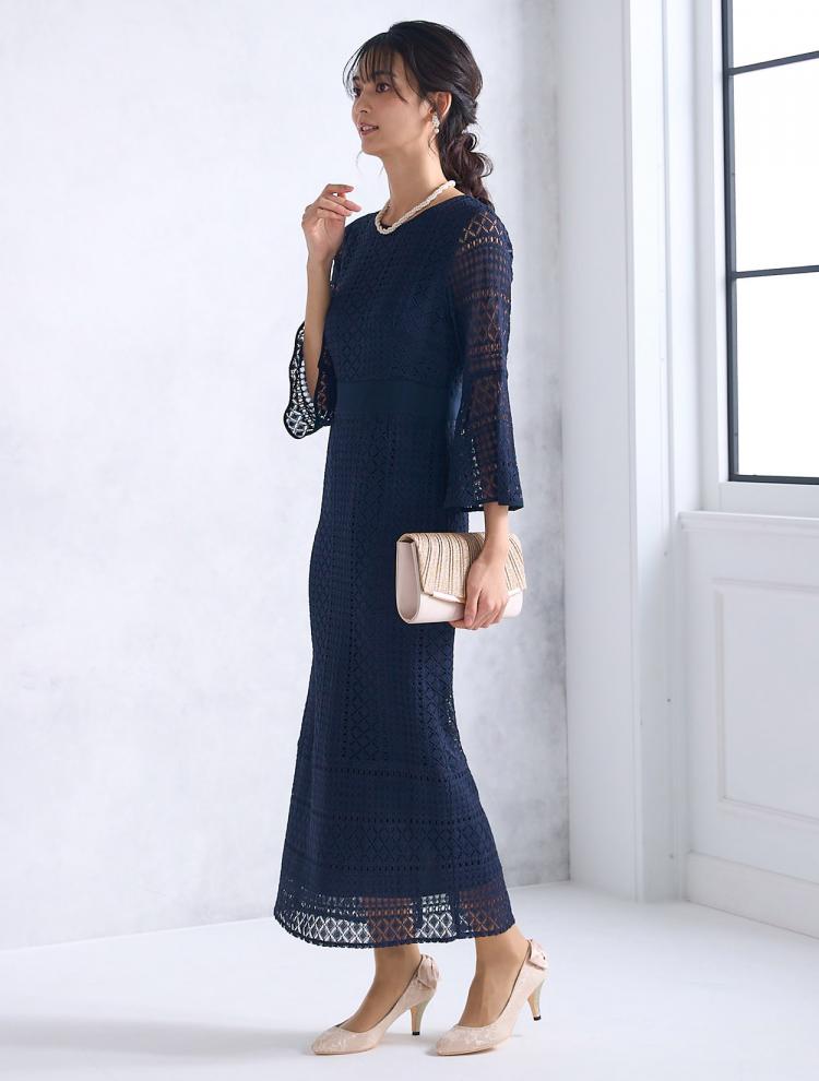 【M/L】レース７分袖タイトドレス（ネイビー）DPSET0444