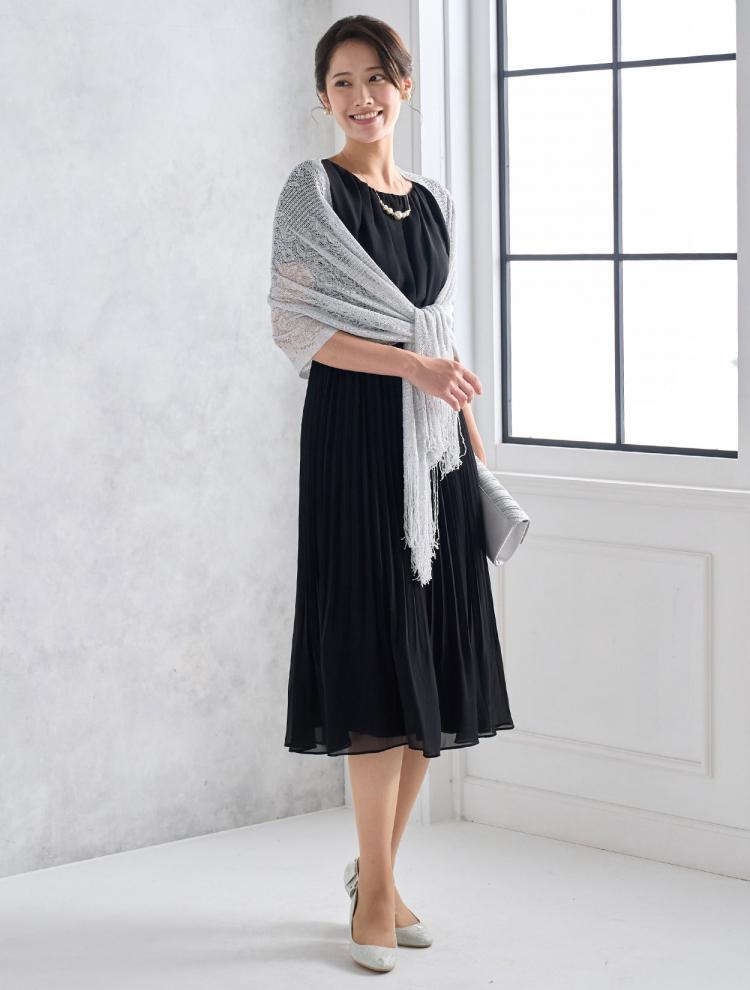 【M】フレアスリーブプリーツドレス（ブラック）DPSET0446
