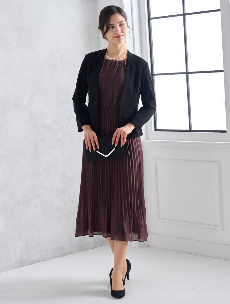 【LL/3L】フレアスリーブプリーツドレス（ボルドー）DPSET0448L