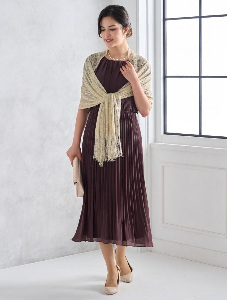 【LL/3L】フレアスリーブプリーツドレス（ボルドー）DPSET0449L