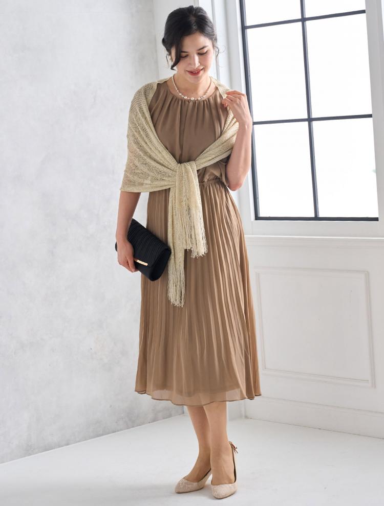【L】フレアスリーブプリーツドレス（ベージュ）DPSET0451
