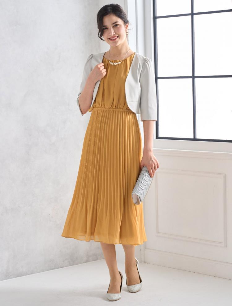 【M/L】フレアスリーブプリーツドレス（イエロー）DPSET0454