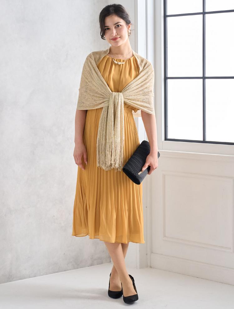 【LL/3L】フレアスリーブプリーツドレス（イエロー）DPSET0455L