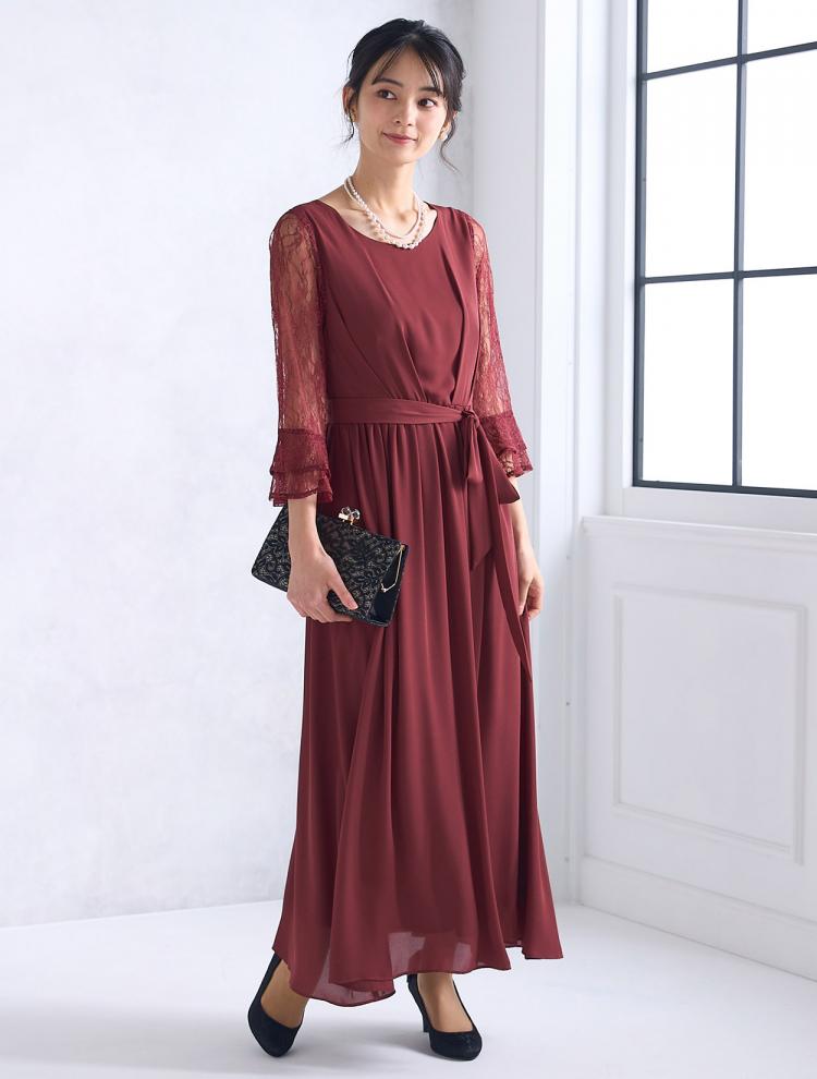 【M】袖レースロングドレス（ボルドー）DPSET0461
