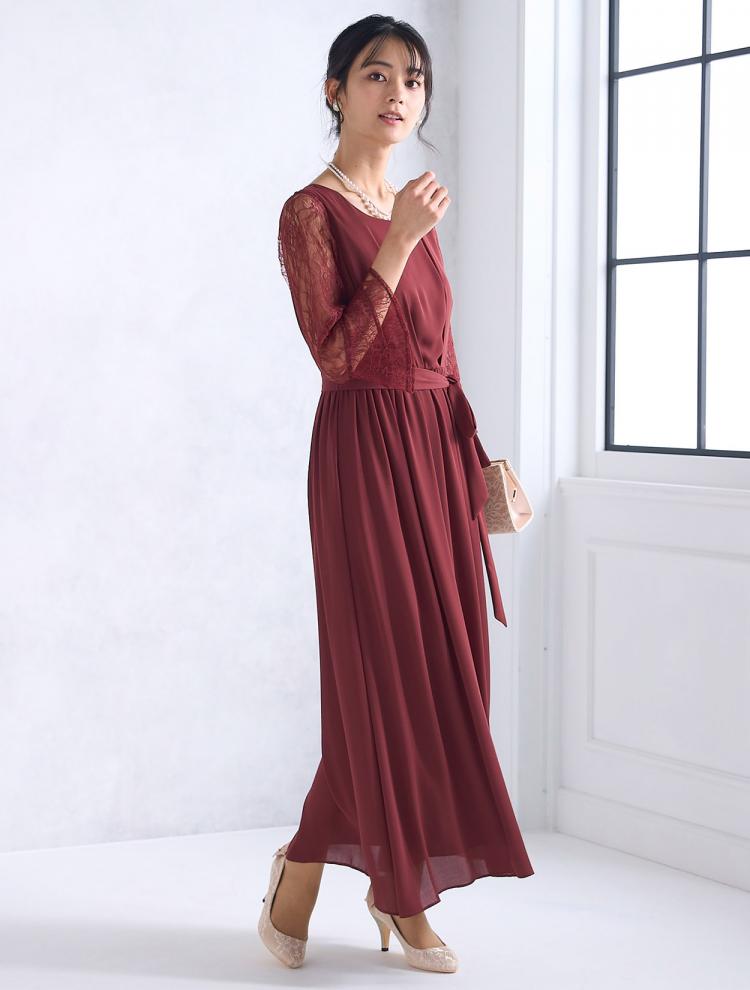 【M】袖レースロングドレス（ボルドー）DPSET0462