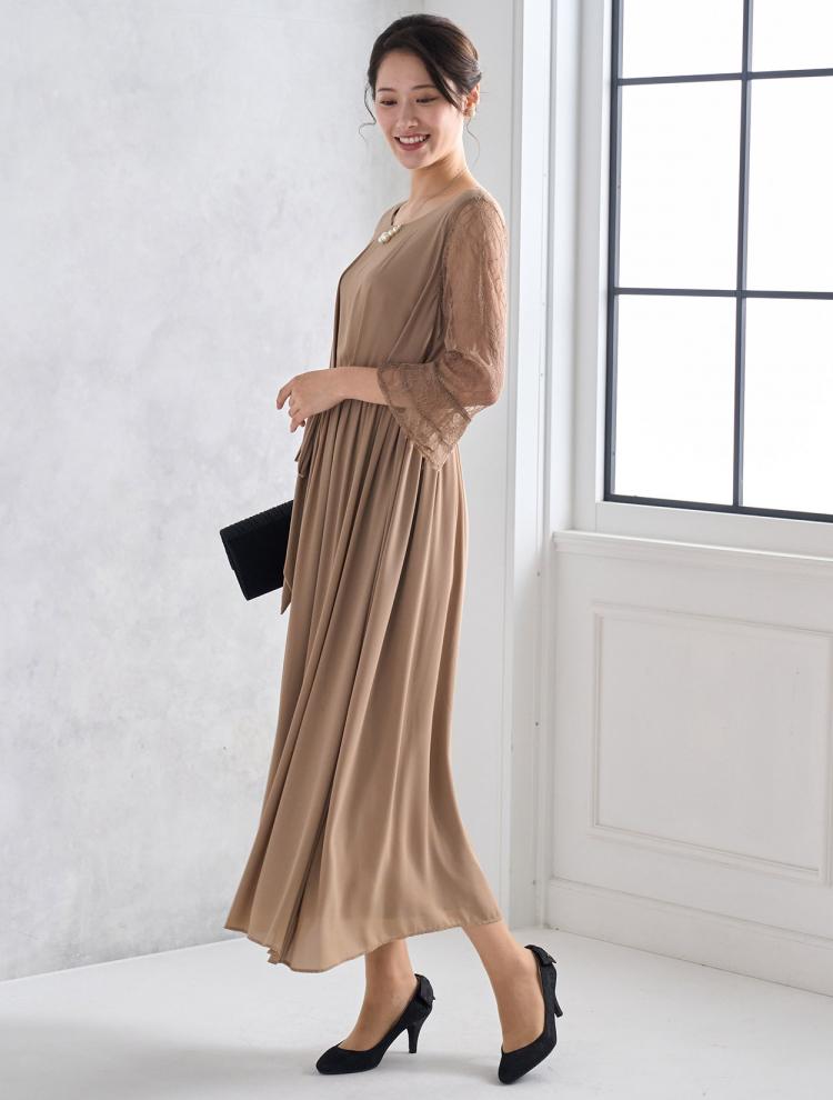 【L】袖レースロングドレス（ベージュ）DPSET0463