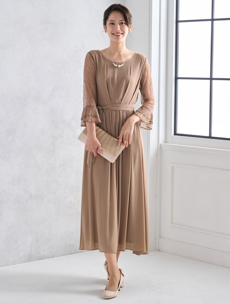 【L】袖レースロングドレス（ベージュ）DPSET0464