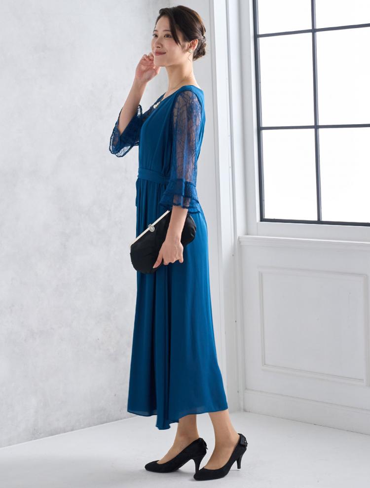 【LL/3L】袖レースロングドレス（ブルー）DPSET0466L