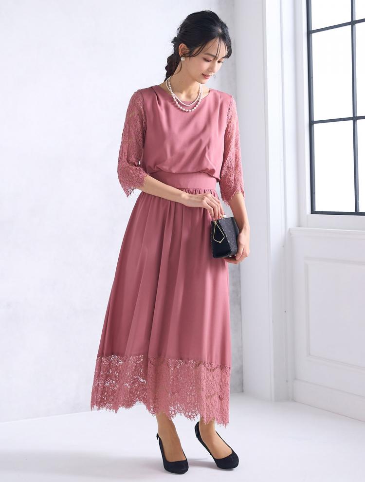 【M/L】サテンスカラレースドレス（ピンク）DPSET0470