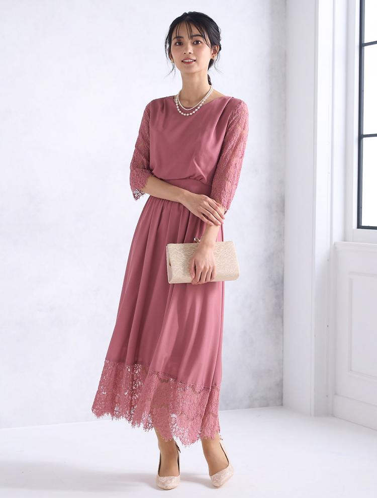 【M/L】サテンスカラレースドレス（ピンク）DPSET0471