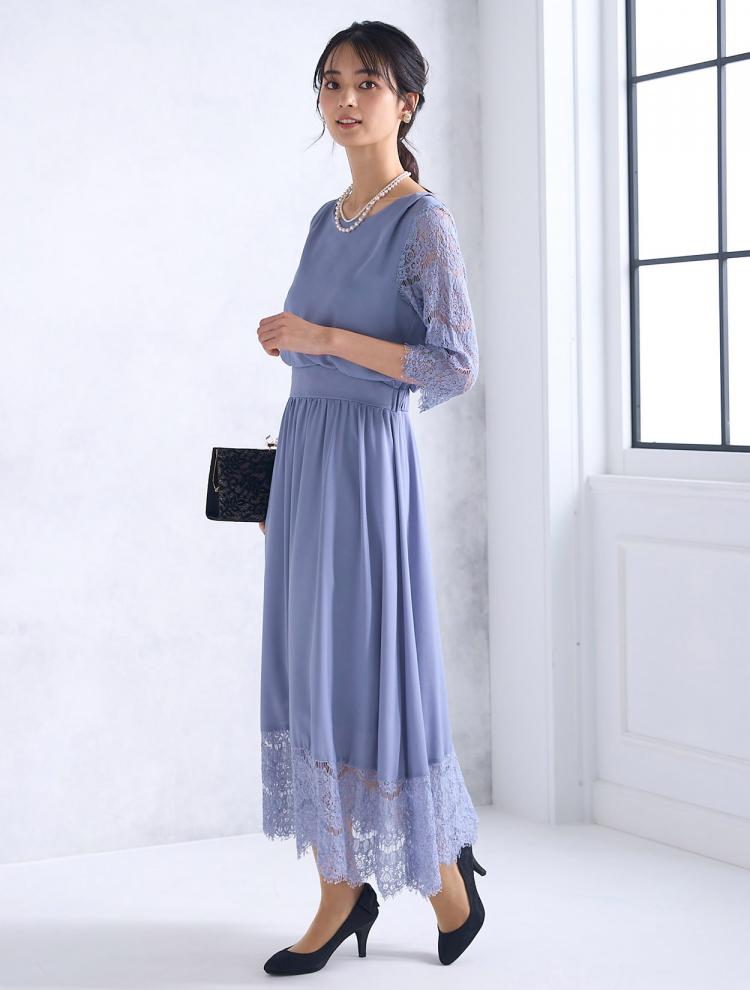 【M/L】サテンスカラレースドレス（ブルー）DPSET0473