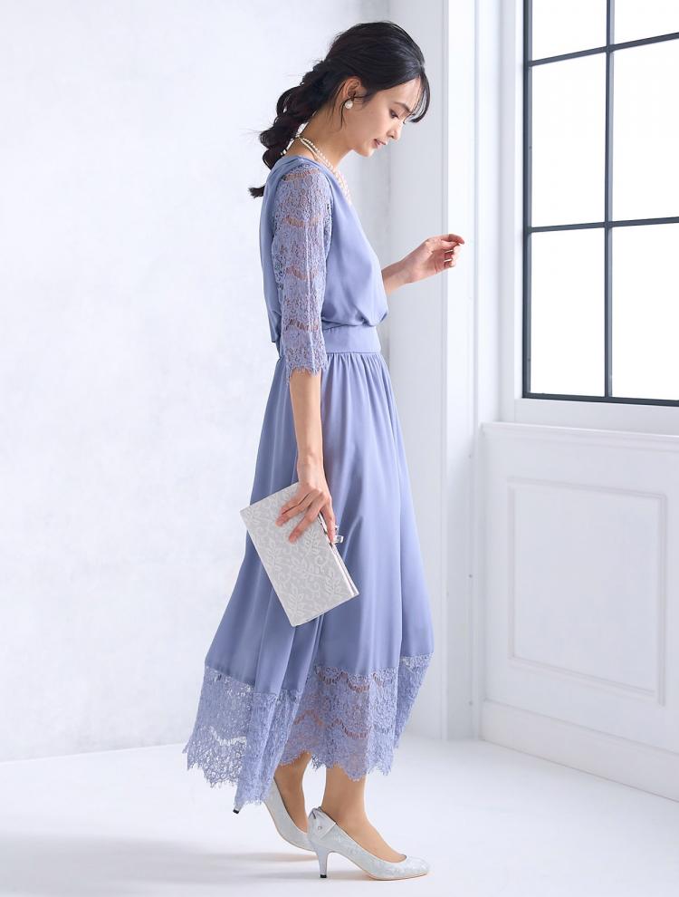 【M/L】サテンスカラレースドレス（ブルー）DPSET0474