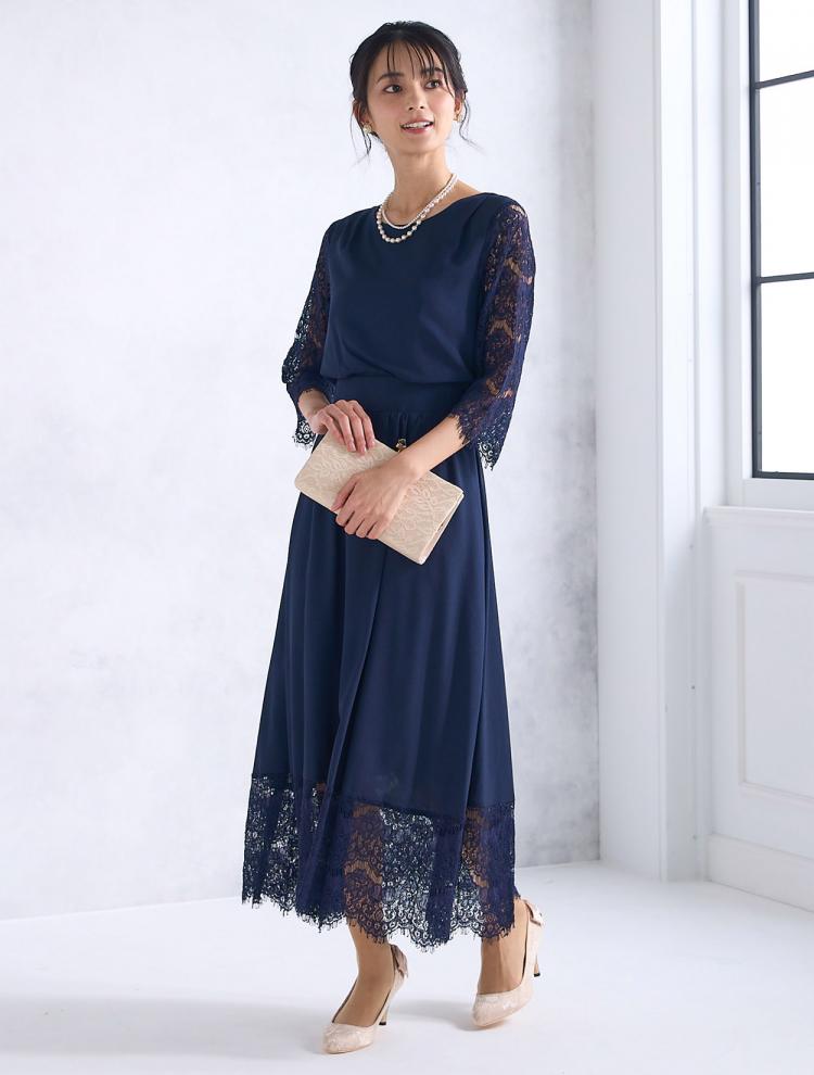 【M/L】サテンスカラレースドレス（ネイビー）DPSET0476