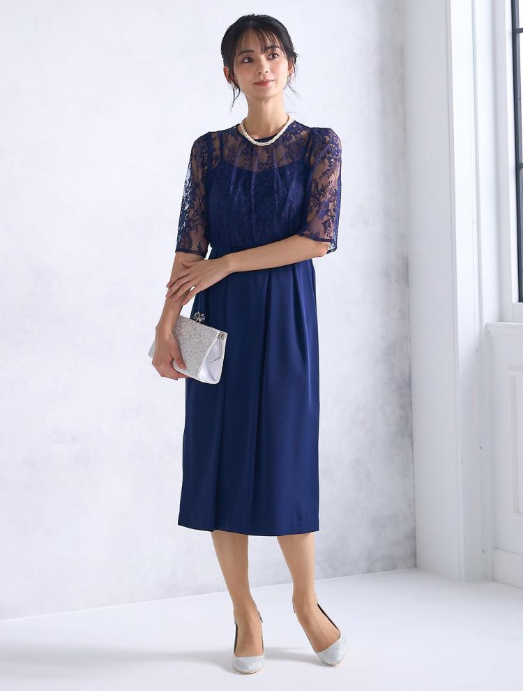 【S/M】レース切替ミモレ丈タイトドレス（ネイビー）DPSET0480