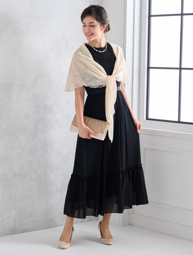 【M】レース×ギャザーシフォンドレス（ブラック）DPSET0483