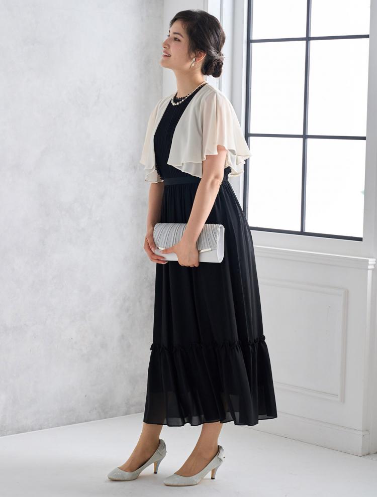 【M】レース×ギャザーシフォンドレス（ブラック）DPSET0484